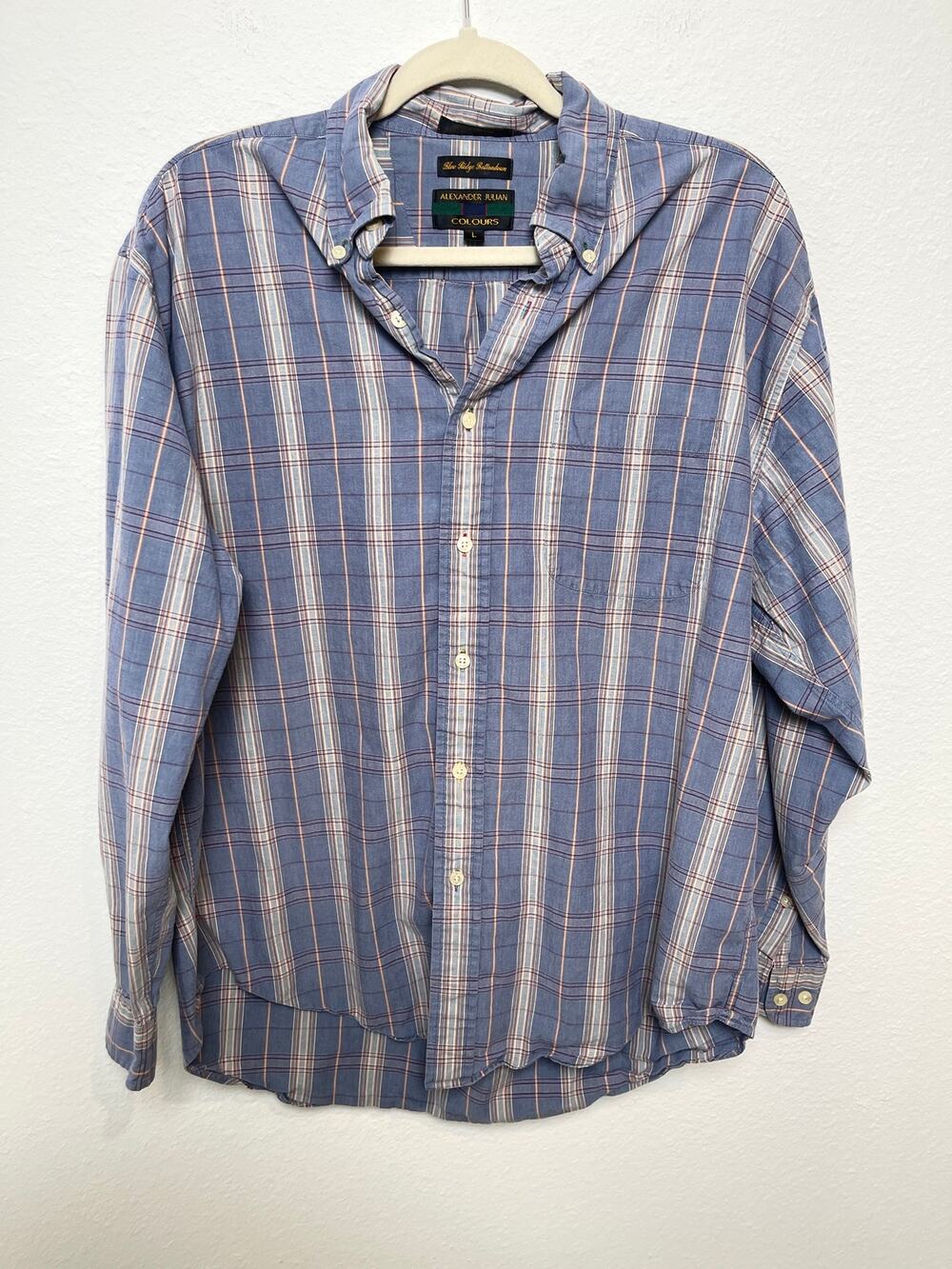 Alexander Julian Colours Blue Plaid Button Down Shirt Mens Large Cotton Vintage